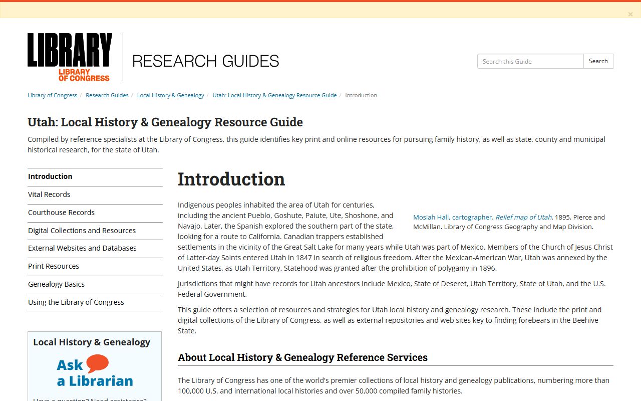 Utah Genealogy reference guide at the Library of Congress